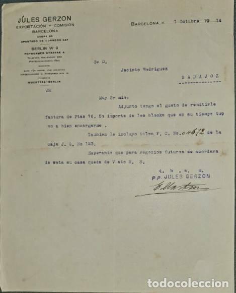 Lettere commerciali: Carta comercial. Jules Gerzon. Exportaci&oacute;n y Comisi&oacute;n. Barcelona. Espa&ntilde;a 1914