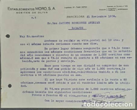 Lettere commerciali: Carta comercial. Establecimientos Moro S.A. Aceites de oliva. Barcelona. Espa&ntilde;a 1934