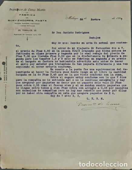 Lettere commerciali: Carta comercial. Franc&iacute;sco de Luna Mar&iacute;n. F&aacute;brica de Suavizadores. M&aacute;laga. Espa&ntilde;a 1917