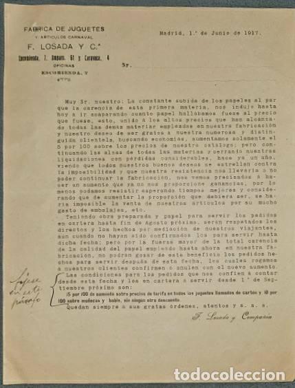 Lettere commerciali: Carta comercial. F. Losada y C&ordf;. F&aacute;brica de juguetes y art&iacute;culos carnaval. Madrid. Espa&ntilde;a 1917