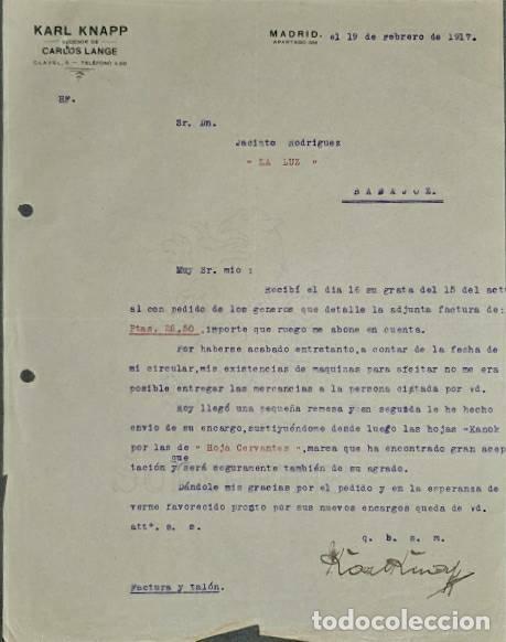 Lettere commerciali: Carta comercial. Karl Knapp. Almac&eacute;n art&iacute;culos peluquer&iacute;a y perfumer&iacute;a. Madrid. Espa&ntilde;a 1917