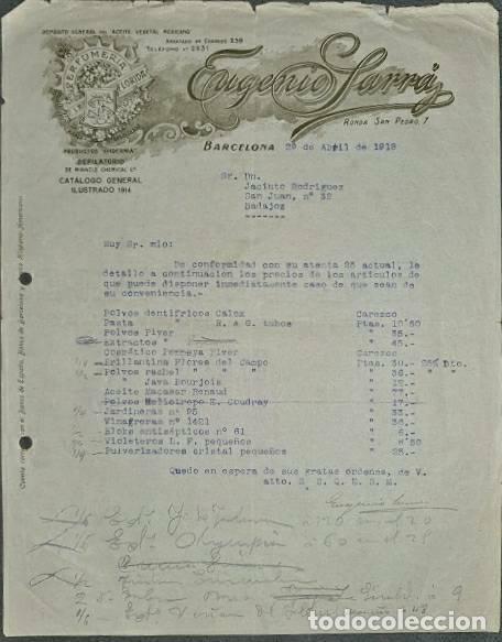 Commercial Letters: Carta comercial. Eugenio Sarr&aacute;. Perfumer&iacute;a La Florida. Barcelona. Espa&ntilde;a 1918