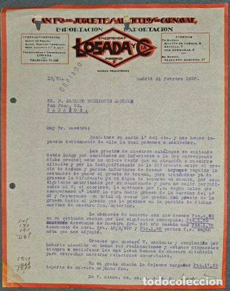 Commercial Letters: Carta comercial. Losada y C&iacute;a. Gran F&aacute;brica de juguetes y art&iacute;culos carnaval. Madrid. Espa&ntilde;a 1930