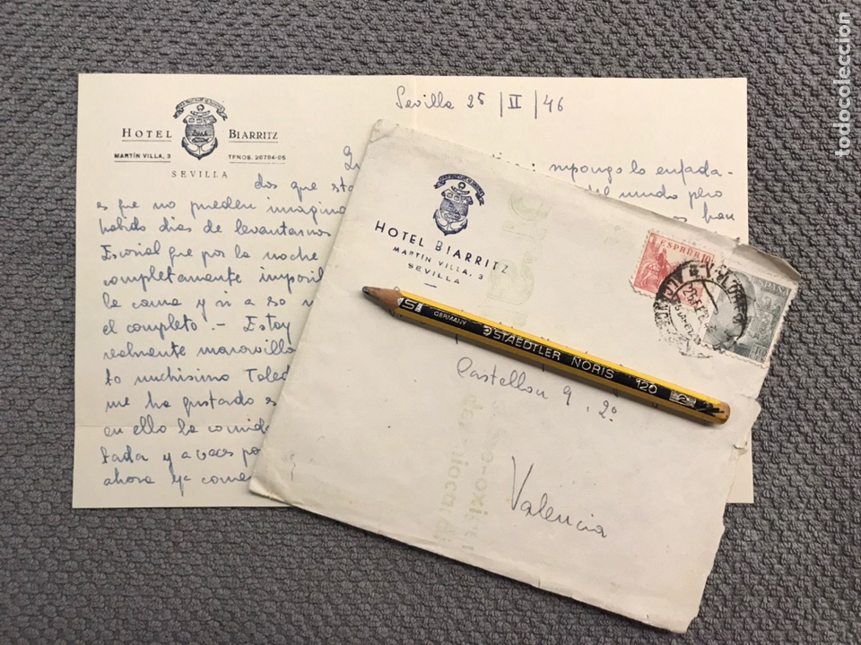 Commercial Letters: SEVILLA, Hotel Biarritz. Sobre franqueado y Carta, de una joven valenciana (a.1946)