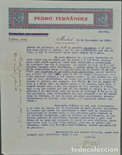 Commercial Letters: Carta comercial. Pedro Fern&aacute;ndez. Almac&eacute;n de bisuter&iacute;a. Madrid. Espa&ntilde;a 1932