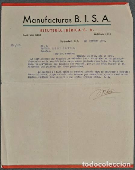 Commercial Letters: Carta comercial. Manufacturas B.I.S.A.. Bisuter&iacute;a Ib&eacute;rcia S.A. Sabadell. Espa&ntilde;a 1932