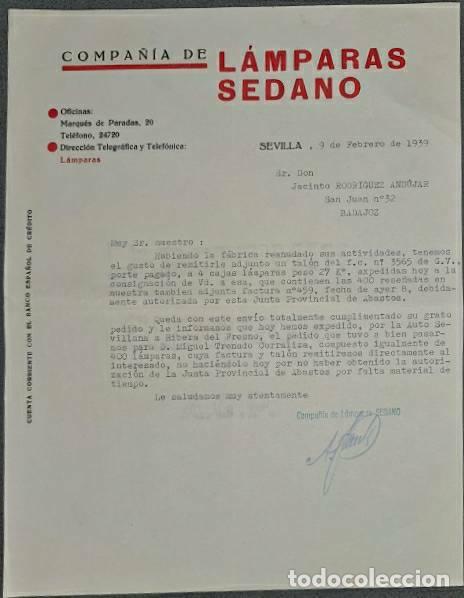 Commercial Letters: Carta comercial. Compa&ntilde;&iacute;a de l&aacute;mparas Sedano. Sevilla. Espa&ntilde;a 1939