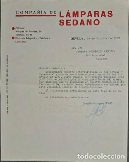 Commercial Letters: Carta comercial. Compa&ntilde;&iacute;a de l&aacute;mparas Sedano. Sevilla. Espa&ntilde;a 1939