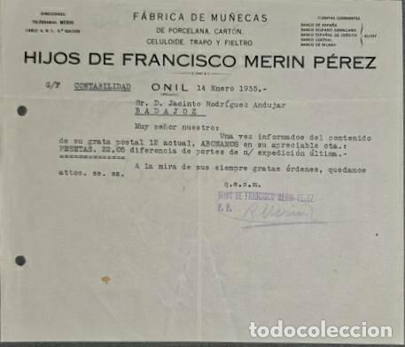 Commercial Letters: Carta comercial. Hijos de Franc&iacute;sco Merin P&eacute;rez. F&aacute;brica de mu&ntilde;ecas. Onil. Alicante. Espa&ntilde;a 1935