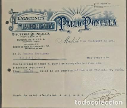 Commercial Letters: Carta comercial. Pablo Poncela. La Bohemia. Bisuter&iacute;a-Quincalla. Madrid 1931