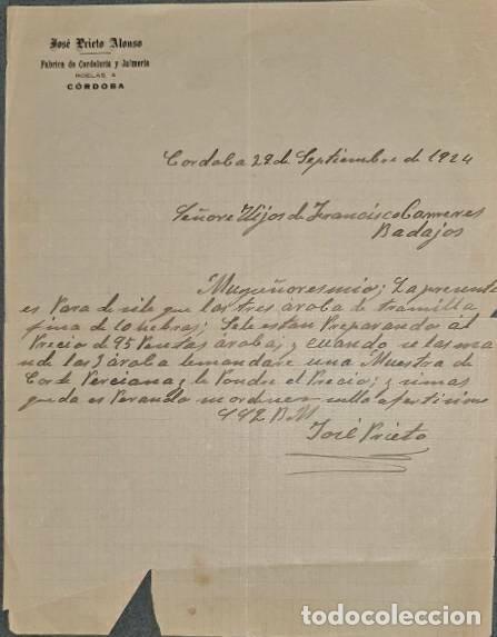 Commercial Letters: Carta comercial. Jos&eacute; Prieto Alonso. F&aacute;brica de cordeler&iacute;a. C&oacute;rdoba. Espa&ntilde;a 1924