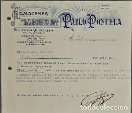 Commercial Letters: Carta comercial. Pablo Poncela. La Bohemia. Bisuter&iacute;a-Quincalla. Madrid 1933