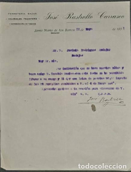 Commercial Letters: Carta comercial. Jos&eacute; Rastrollo Carrasco. Ferreter&iacute;a, bazar, coloniales. Badajoz. Espa&ntilde;a 1931