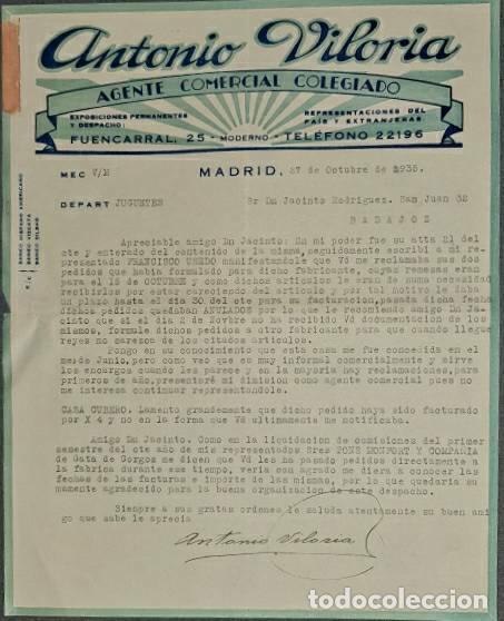 Commercial Letters: Carta comercial. Antonio Viloria. Agente comercial colegiado. Madrid. Espa&ntilde;a 1935