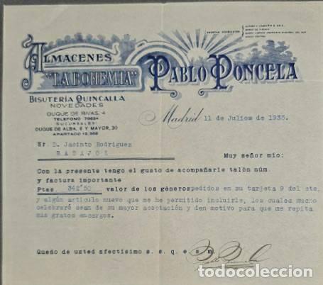 Commercial Letters: Carta comercial. Pablo Poncela. La Bohemia. Bisuter&iacute;a-Quincalla. Madrid 1935