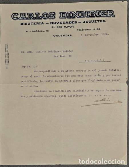 Commercial Letters: Carta comercial. Carlos Dinnbier. Bisuter&iacute;a-Novedades-Juguetes. Valencia. Espa&ntilde;a 1935