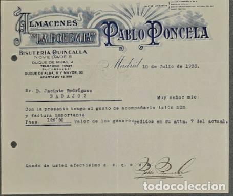 Commercial Letters: Carta comercial. Pablo Poncela. La Bohemia. Bisuter&iacute;a-Quincalla. Madrid 1933