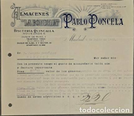 Commercial Letters: Carta comercial. Pablo Poncela. La Bohemia. Bisuter&iacute;a-Quincalla. Madrid 1933