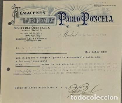 Commercial Letters: Carta comercial. Pablo Poncela. La Bohemia. Bisuter&iacute;a-Quincalla. Madrid 1933