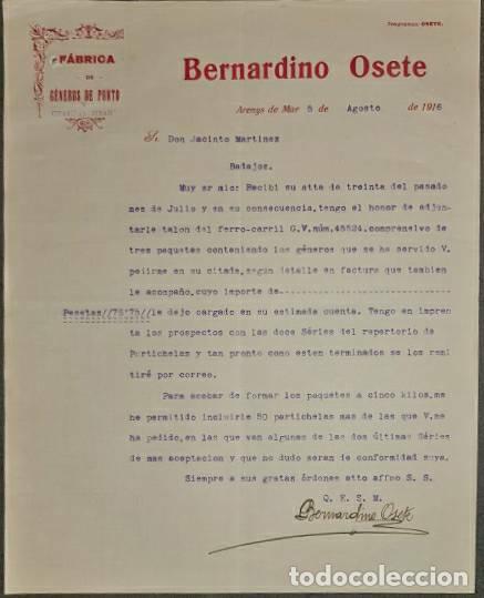 Commercial Letters: Carta comercial. Bernardino Osete. F&aacute;brica de g&eacute;neros de punto. Arenys de Mar 1916