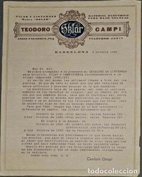 Commercial Letters: Carta comercial. Teodoro Campi. Industrias Sklar. Material el&eacute;ctrico. Barcelona. Espa&ntilde;a 1930
