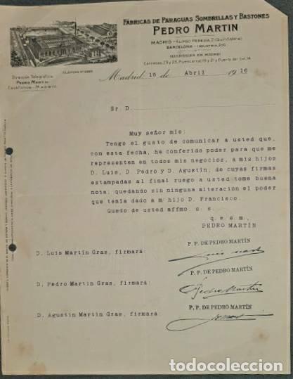 Commercial Letters: Carta comercial. Pedro Martin. F&aacute;brica de paraguas, sombrillas y bastones. Madrid. Espa&ntilde;a 1916