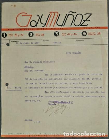 Commercial Letters: Carta comercial. Gay Mu&ntilde;oz. Primitivo Mu&ntilde;oz, hijos y Siro Gay S.L. Salamanca. Espa&ntilde;a 1937