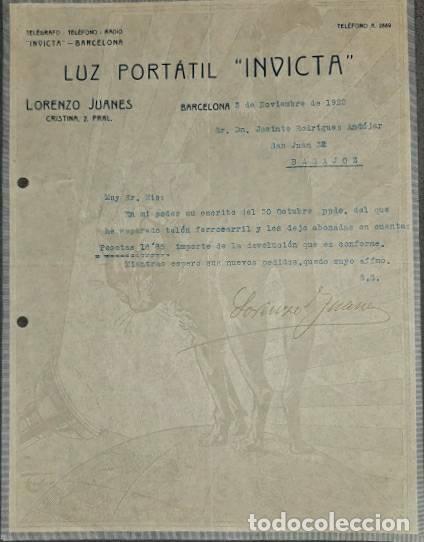 Commercial Letters: Carta comercial. Lorenzo Juanes. Luz Portatil Invicta. Barcelona. Espa&ntilde;a 1922