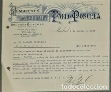 Commercial Letters: Carta comercial. Pablo Poncela. La Bohemia. Bisuter&iacute;a-Quincalla. Madrid 1933