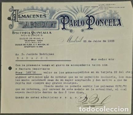 Commercial Letters: Carta comercial. Pablo Poncela. La Bohemia. Bisuter&iacute;a-Quincalla. Madrid 1933
