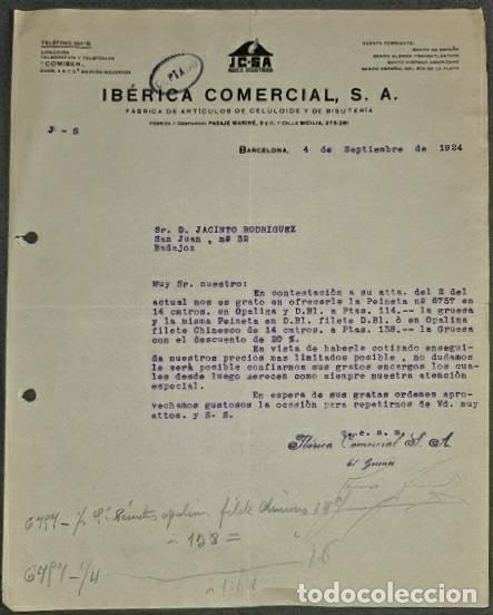Commercial Letters: Carta comercial. Ib&eacute;rica Comercial S.A. F&aacute;brica de Art&iacute;culos de Celuloide. Barcelona. Espa&ntilde;a 1924