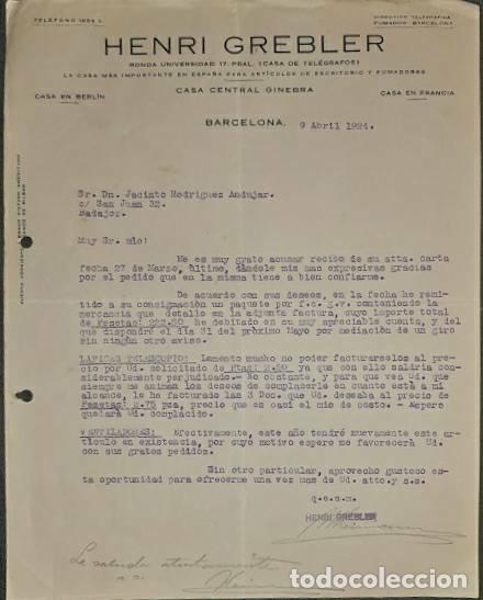 Commercial Letters: Carta comercial. Henri Grebler. Art&iacute;culos de escritorio y fumadores. Barcelona. Espa&ntilde;a 1924