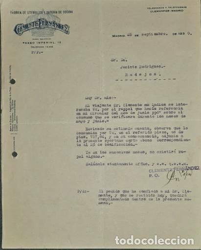 Commercial Letters: Carta comercial. Clemente Fernandez. F&aacute;brica de utensilios y bater&iacute;a cocina. Madrid. Espa&ntilde;a 1930