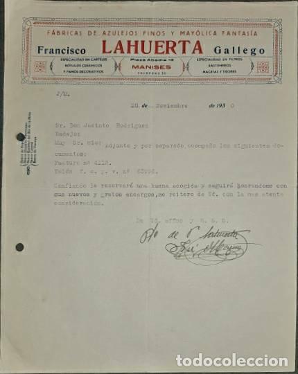 Commercial Letters: Carta comercial. Franc&iacute;sco Gallego. La Huerta. F&aacute;brica azulejos finos. Manises. Espa&ntilde;a 1930