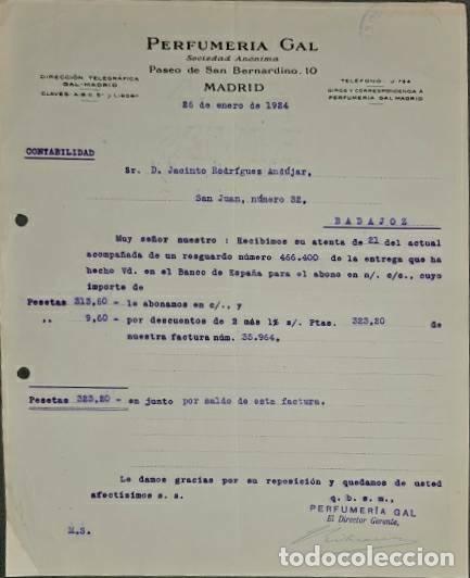 Commercial Letters: Carta comercial. Perfumer&iacute;a Gal. S.A. Madrid. Espa&ntilde;a 1924