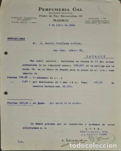 Commercial Letters: Carta comercial. Perfumer&iacute;a Gal. S.A. Madrid. Espa&ntilde;a 1924