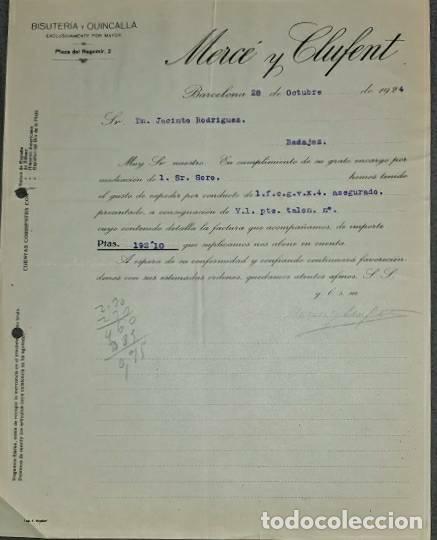 Lettres commerciales: Carta comercial. Merc&eacute; y Clufent. Bisuter&iacute;a y Quincalla. Barcelona. Espa&ntilde;a 1924