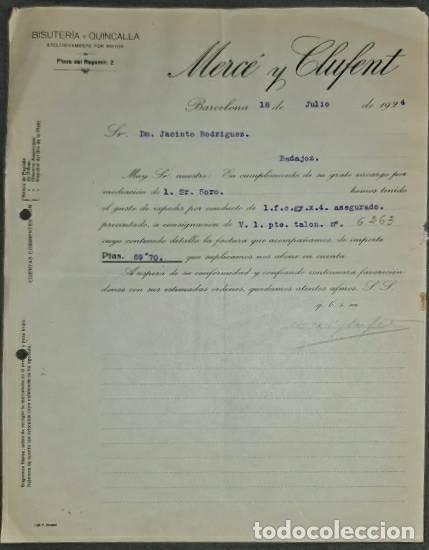 Lettres commerciales: Carta comercial. Merc&eacute; y Clufent. Bisuter&iacute;a y Quincalla. Barcelona. Espa&ntilde;a 1924