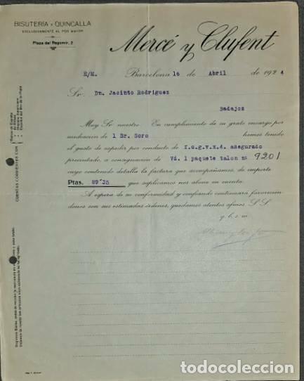 Lettres commerciales: Carta comercial. Merc&eacute; y Clufent. Bisuter&iacute;a y Quincalla. Barcelona. Espa&ntilde;a 1924