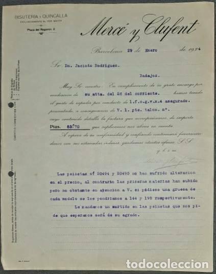 Lettres commerciales: Carta comercial. Merc&eacute; y Clufent. Bisuter&iacute;a y Quincalla. Barcelona. Espa&ntilde;a 1924