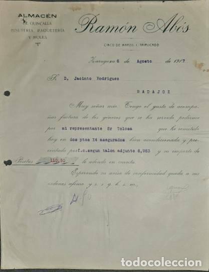 Lettres commerciales: Carta comercial. Ram&oacute;n Ab&oacute;s. Almacen de Quincalla, bisuter&iacute;a. Zaragoza. Espa&ntilde;a 1917