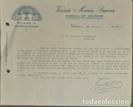 Lettres commerciales: Carta comercial. Vicente Mar&iacute;n Garc&iacute;a. F&aacute;brica de abanicos. Valencia. Espa&ntilde;a 1930