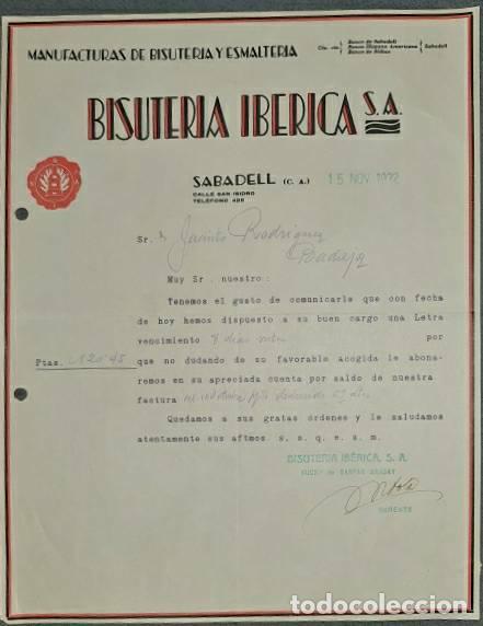 Lettres commerciales: Carta comercial. Bisuter&iacute;a Ib&eacute;rica S.A. Gaspar. Manufacturas de bisuter&iacute;a. Sabadell. Espa&ntilde;a 1932