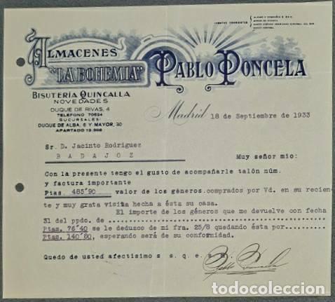 Lettres commerciales: Carta comercial. Pablo Poncela. La Bohemia. Bisuter&iacute;a-Quincalla. Madrid 1933