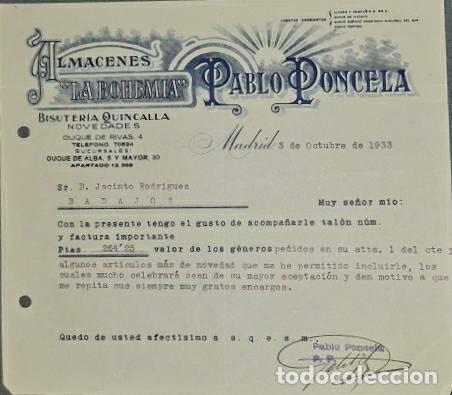 Lettres commerciales: Carta comercial. Pablo Poncela. La Bohemia. Bisuter&iacute;a-Quincalla. Madrid 1933