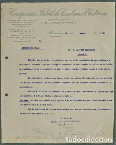 Lettres commerciales: Carta comercial. Compa&ntilde;&iacute;a Fabril de carbones el&eacute;ctricos S.A. Barcelona. Espa&ntilde;a 1920