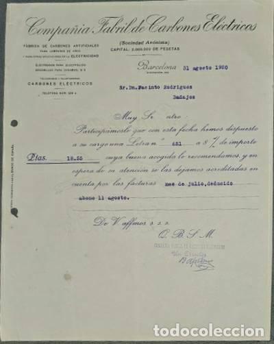 Lettres commerciales: Carta comercial. Compa&ntilde;&iacute;a Fabril de carbones el&eacute;ctricos S.A. Barcelona. Espa&ntilde;a 1920