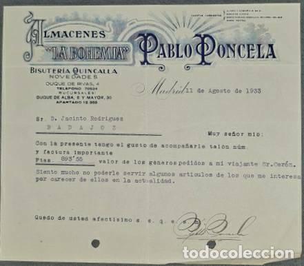 Lettres commerciales: Carta comercial. Pablo Poncela. La Bohemia. Bisuter&iacute;a-Quincalla. Madrid 1933
