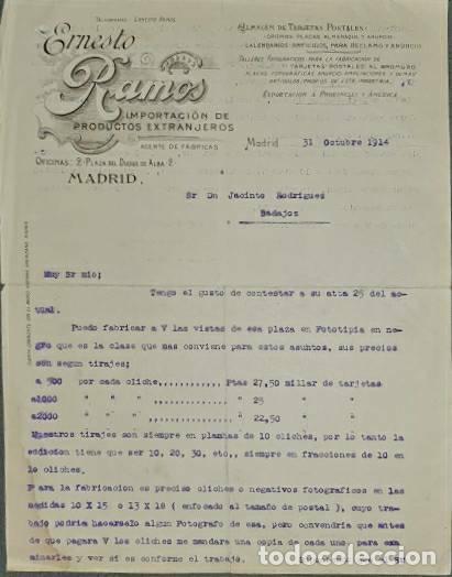 Lettres commerciales: Carta comercial. Ernesto Ramos. Importaci&oacute;n de productos Extranjeros. Madrid. Espa&ntilde;a 1914