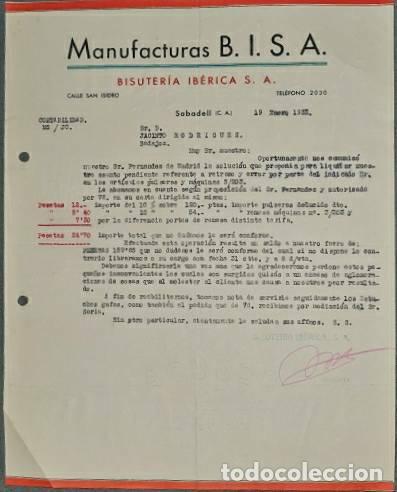 Lettres commerciales: Carta comercial. Manufacturas B.I.S.A.. Bisuter&iacute;a Ib&eacute;rcia S.A. Sabadell. Espa&ntilde;a 1933